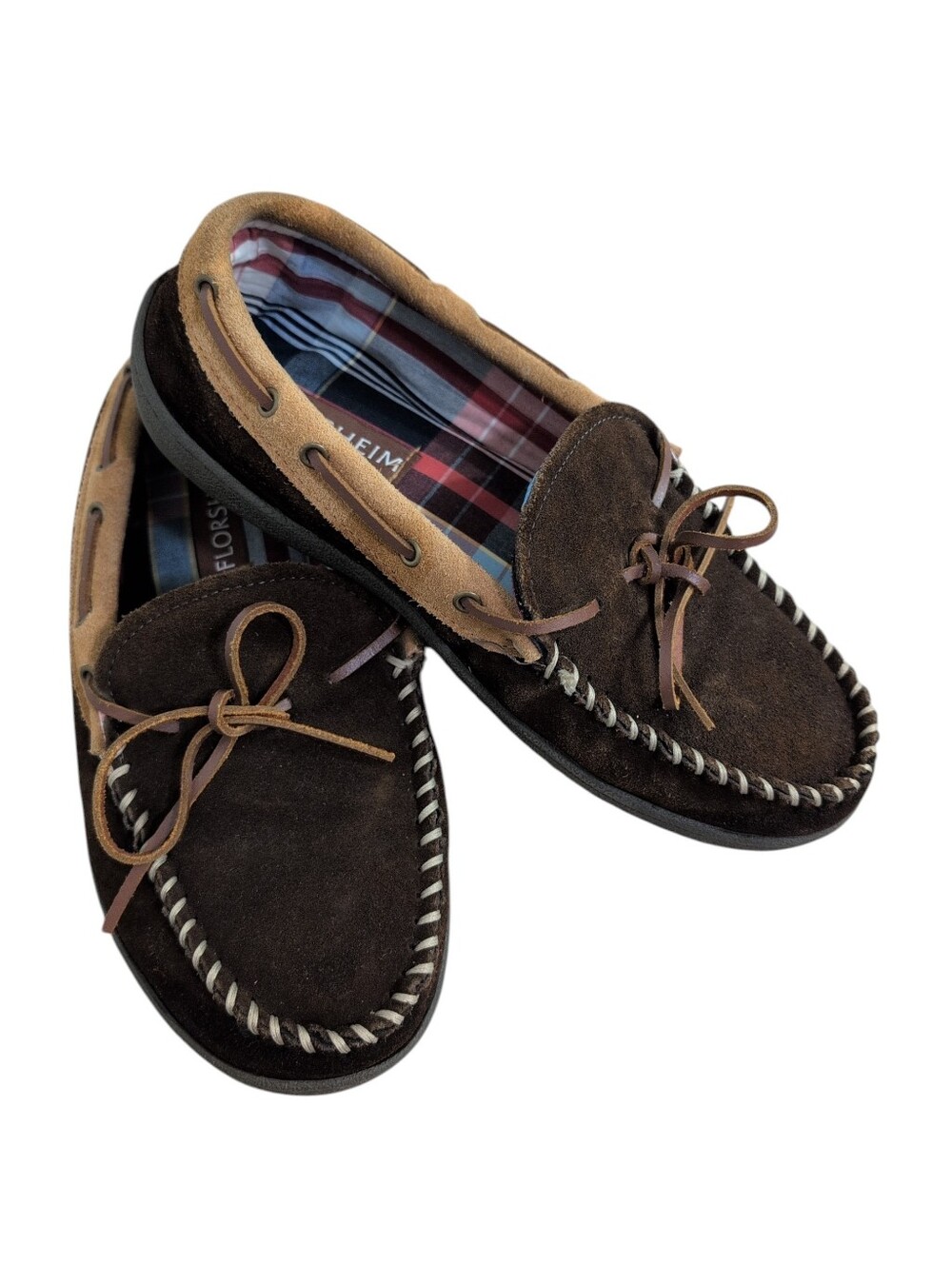 Florsheim Moccasin Slippers Shoes Brown Leather 4492385, Men's 11, Plaid Inside